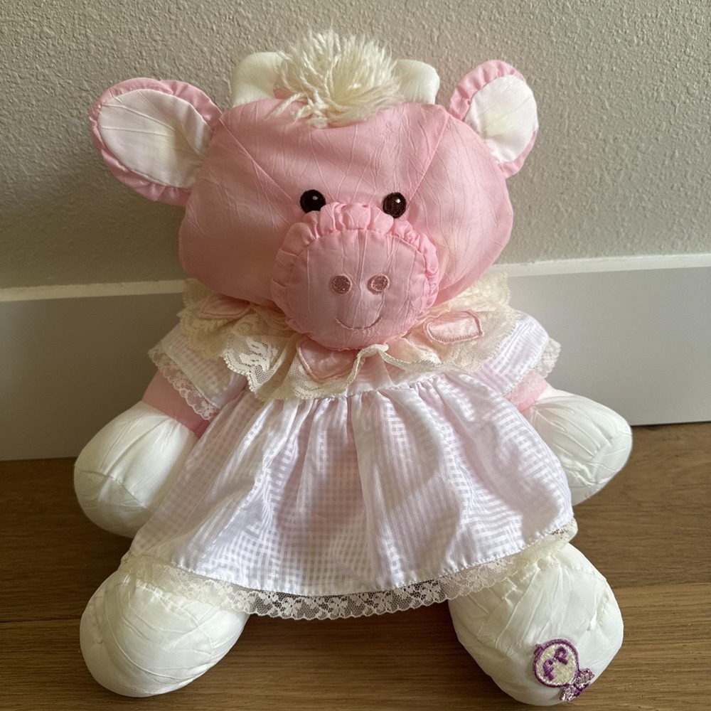 Vintage 1986 Fisher Price Puffalump Pink Cow Plush Nylon Dress Lace 80s Retro